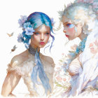 Ethereal women with flowing white hair in digital artwork