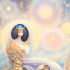 Ethereal female figures in golden attire against cosmic backdrop