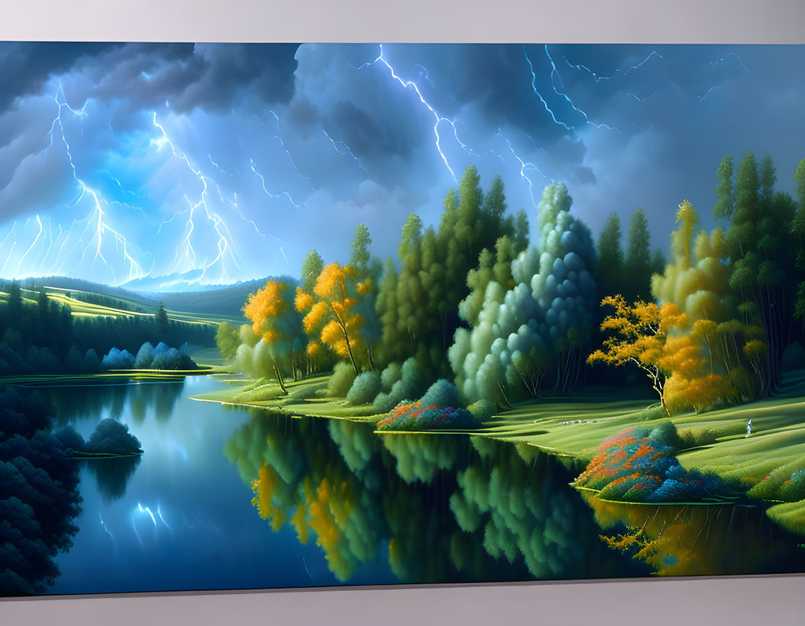 Tranquil landscape with reflective lake, vibrant trees, rolling hills, and stormy sky.