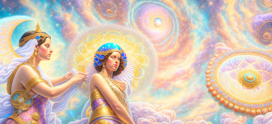 Ethereal female figures in golden attire against cosmic backdrop