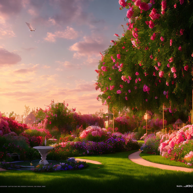 Tranquil garden scene at sunset with pink flowers, greenery, path, and street lamps.