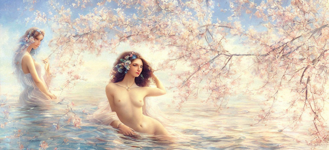 Ethereal figures among cherry blossoms and water with floating petals