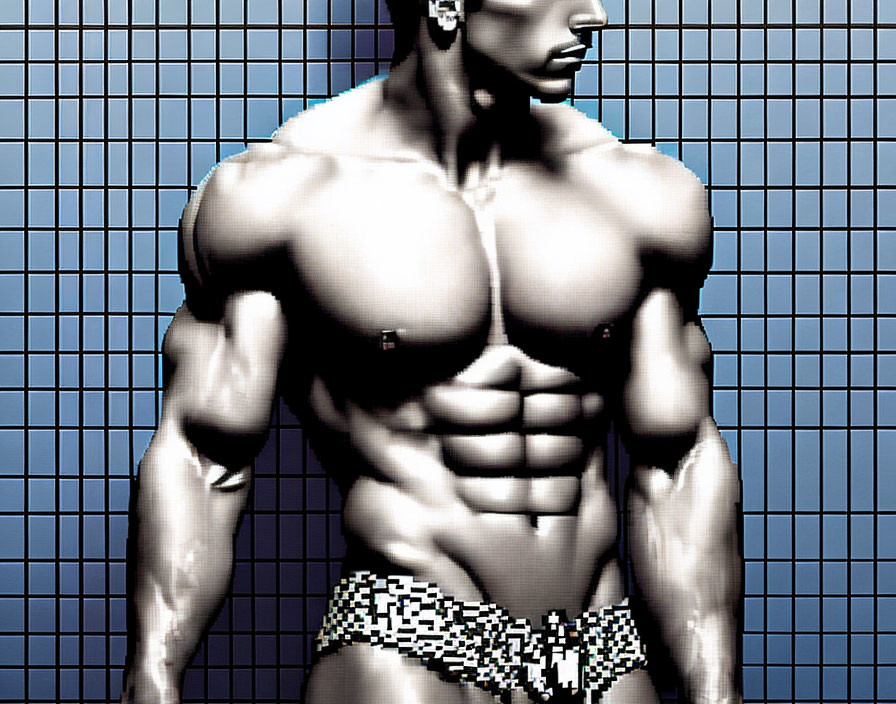 Muscular male torso in pixelated briefs on blue grid background