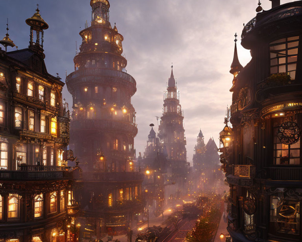 Fantastical cityscape at dusk with towering spires and illuminated streets