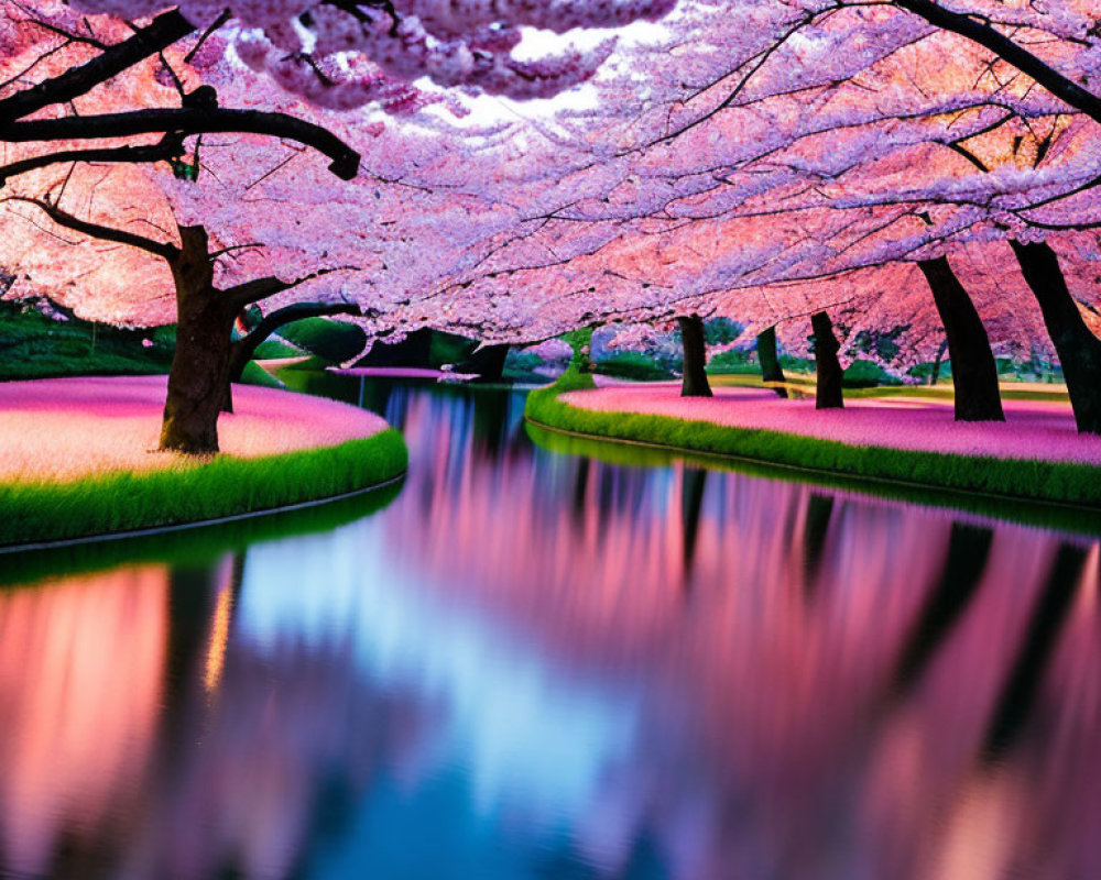 Pink Cherry Blossoms Reflecting in River at Twilight