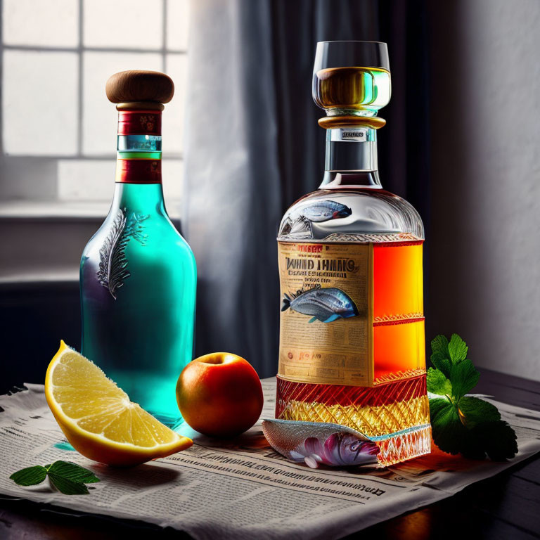 Still life image: whiskey bottle with fish label, blue bottle, fruit slices, mint leaves on table