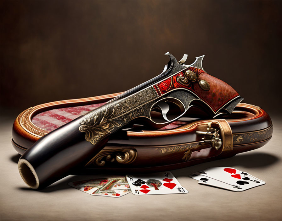 Vintage-style Pistol with Scattered Playing Cards on Textured Background