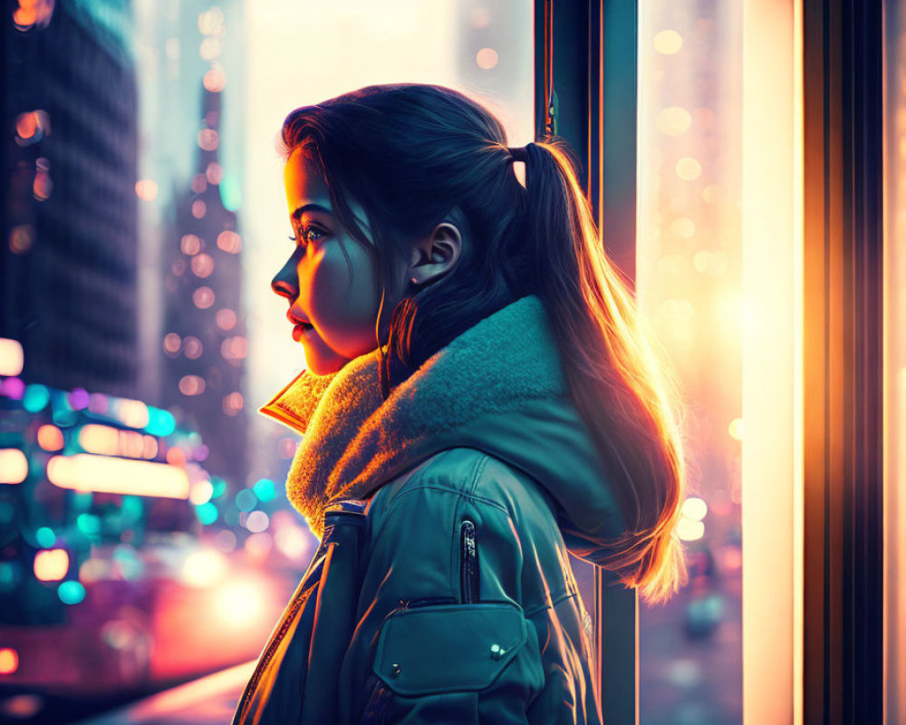 Woman in teal jacket by window at dusk with city lights reflecting around her