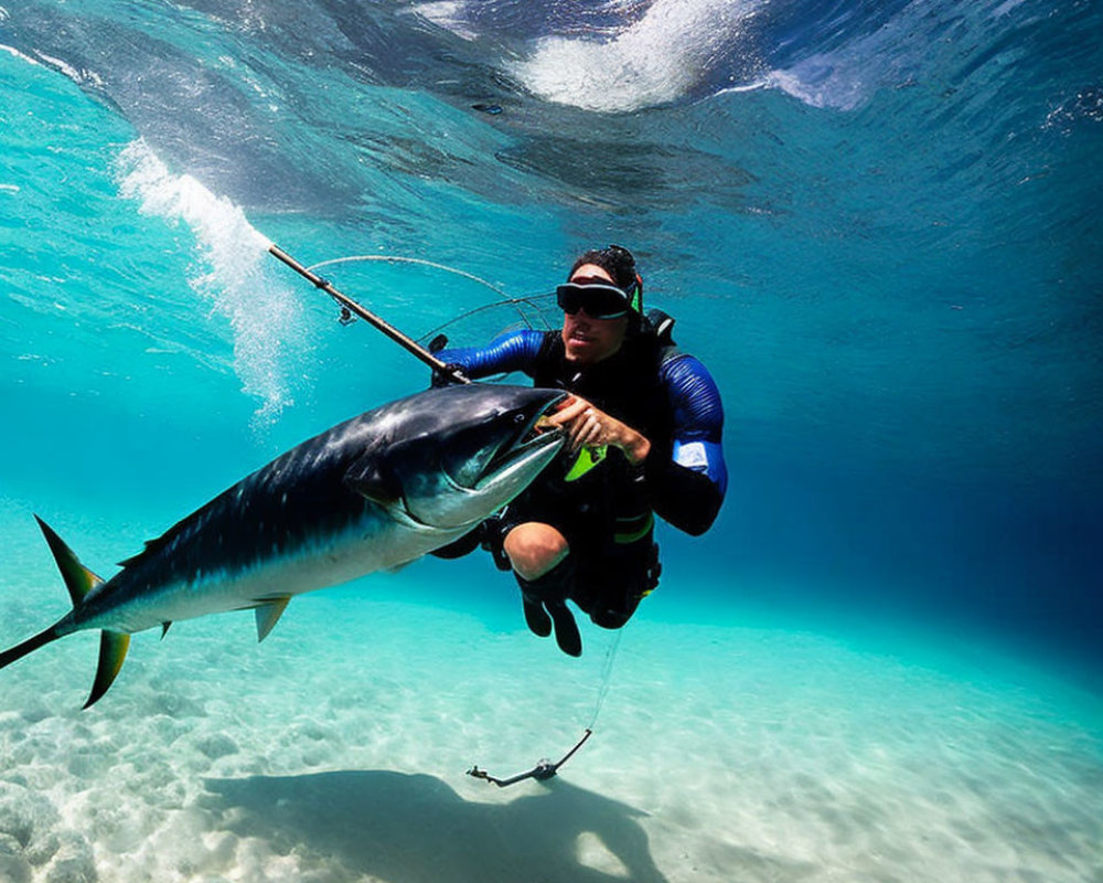 Underwater diver in wetsuit with large fish and spear in clear blue ocean.