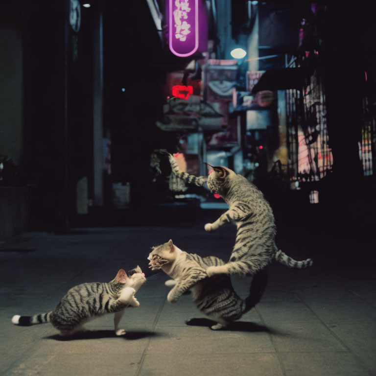 Three Striped Cats Play on Dimly Lit Street at Night with Neon Signs