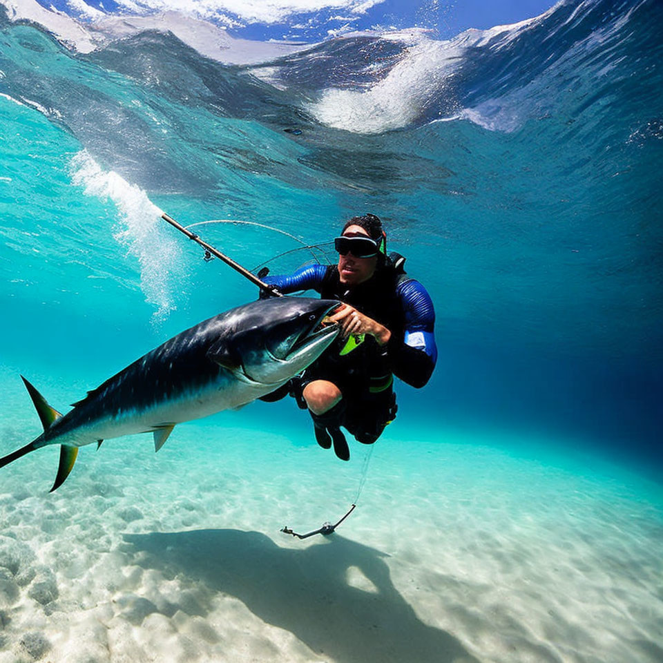 Underwater diver in wetsuit with large fish and spear in clear blue ocean.