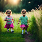 Three young girls in dresses walking in sunlit field