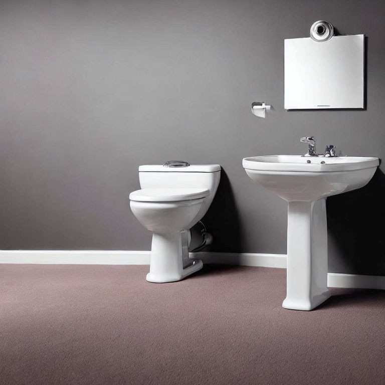 Minimalist Bathroom with White Toilet, Pedestal Basin, Grey Wall, and Plush Brown Carpet