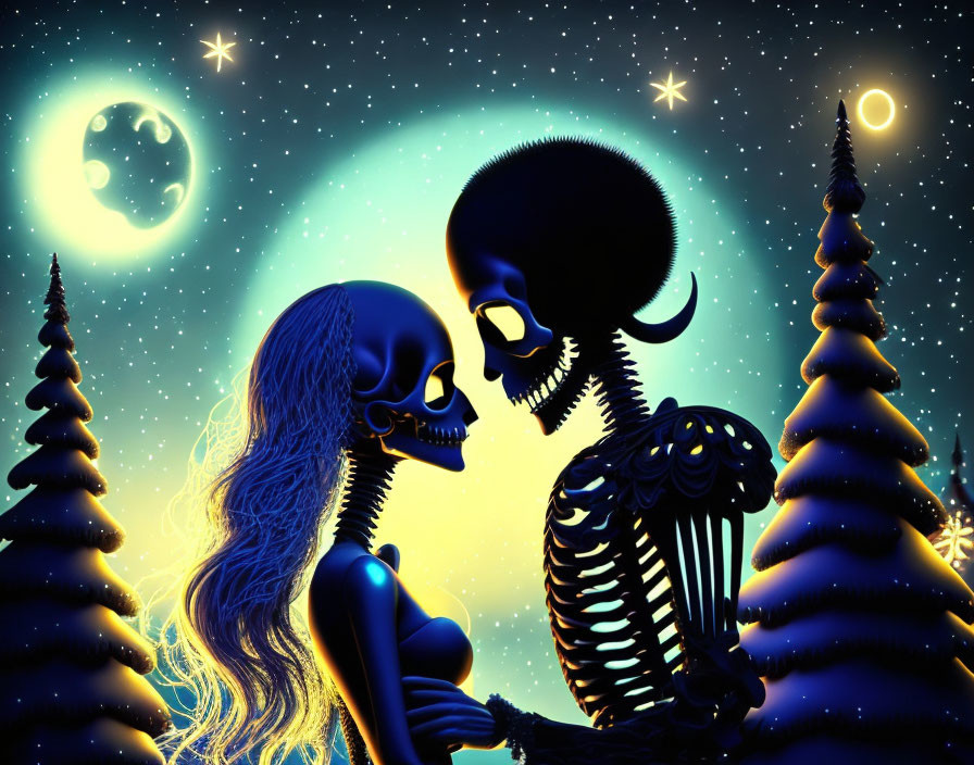 Skeletons touching foreheads under crescent moon and stars near pine trees