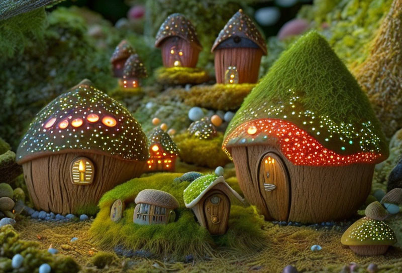 Miniature Fantasy Village with Mushroom-Shaped Houses and Illumination