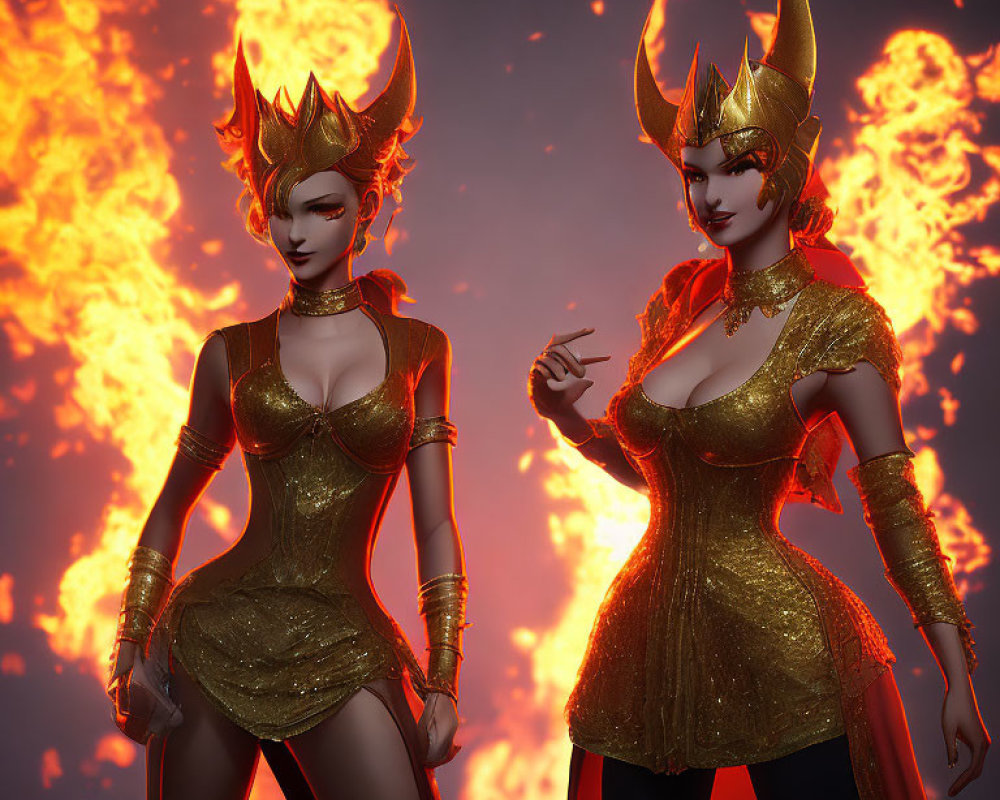 Identical Female Figures with Elaborate Horns and Fiery Effects in Gold and Black Costumes