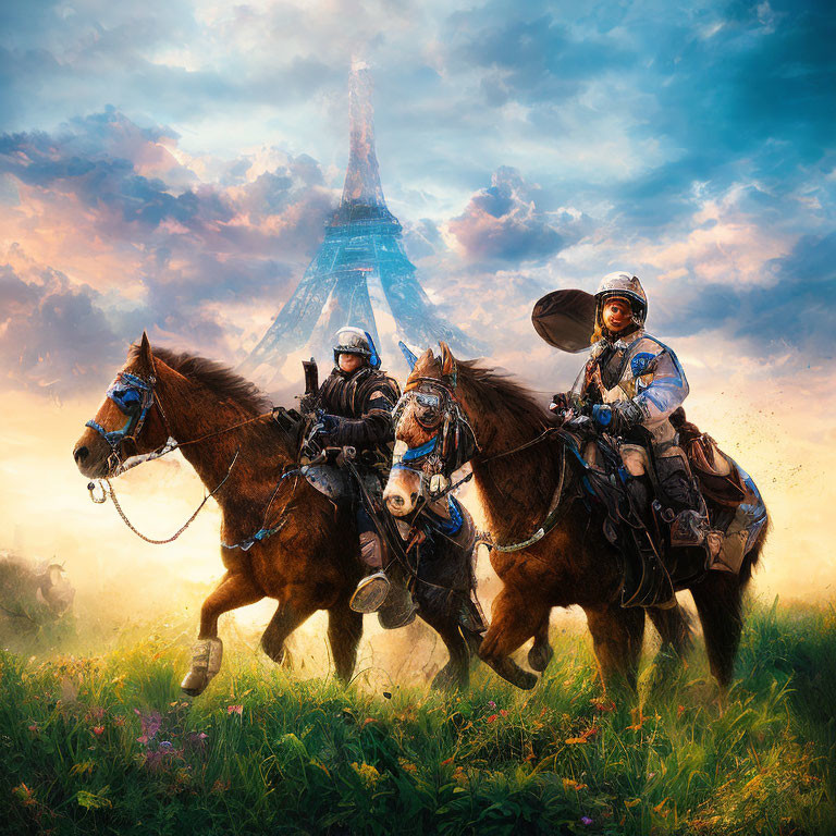 Futuristic knights on horses with Eiffel Tower in dramatic sky