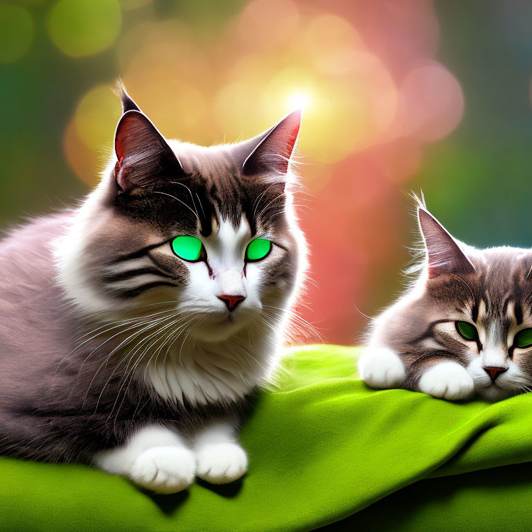 Cartoon Cats with Green Eyes on Colorful Background