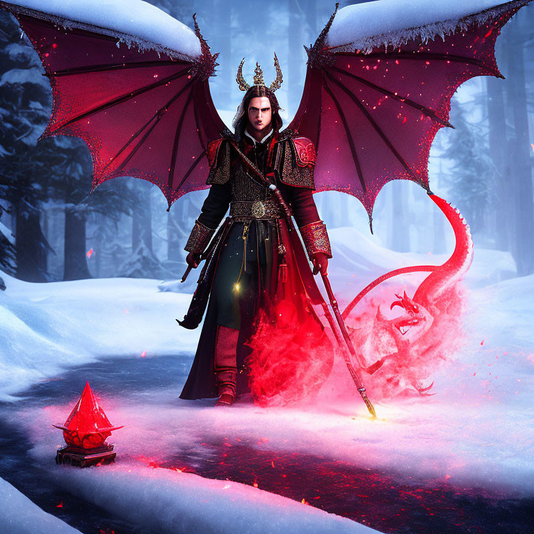 Fantasy figure with dragon wings and fiery creature in snowy forest with red ship