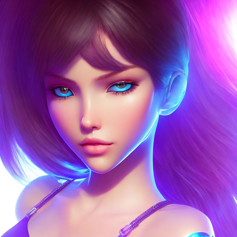 Digital artwork: Woman with blue eyes, fair skin, dark hair on pink and purple backdrop