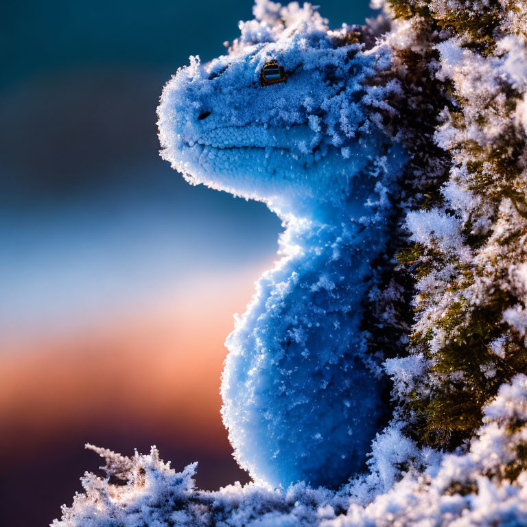 Frost-covered blue dinosaur garden ornament with mossy tree and soft-focus sunrise/sunset