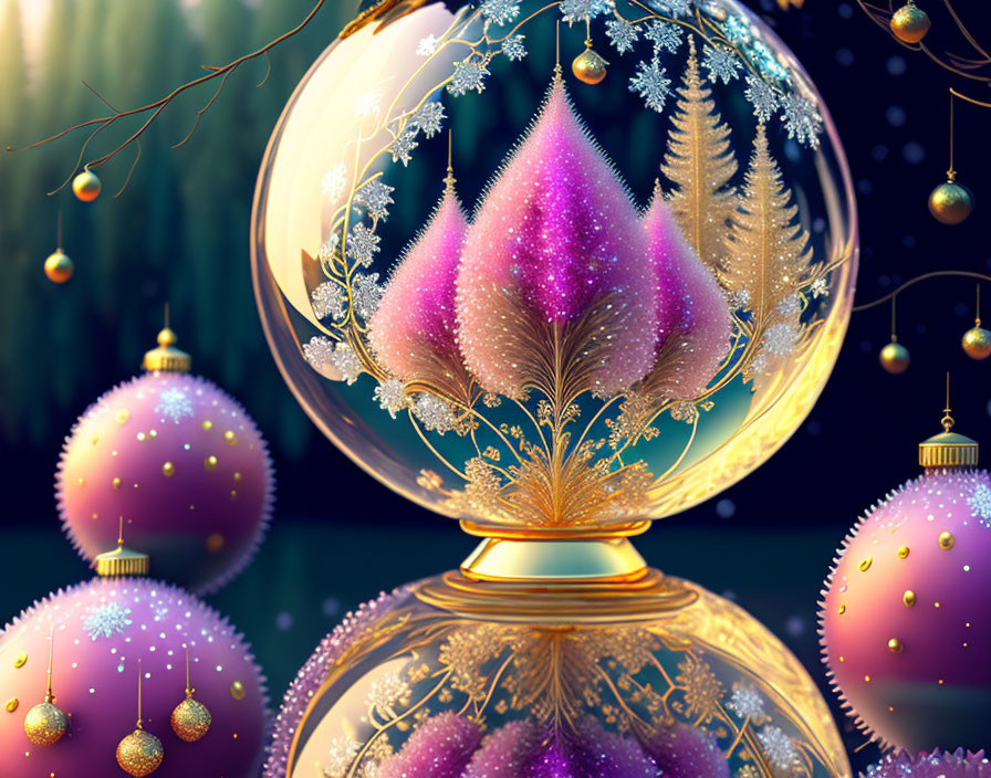 Glass Globe Winter Tree Scene with Pink Baubles on Dark Background