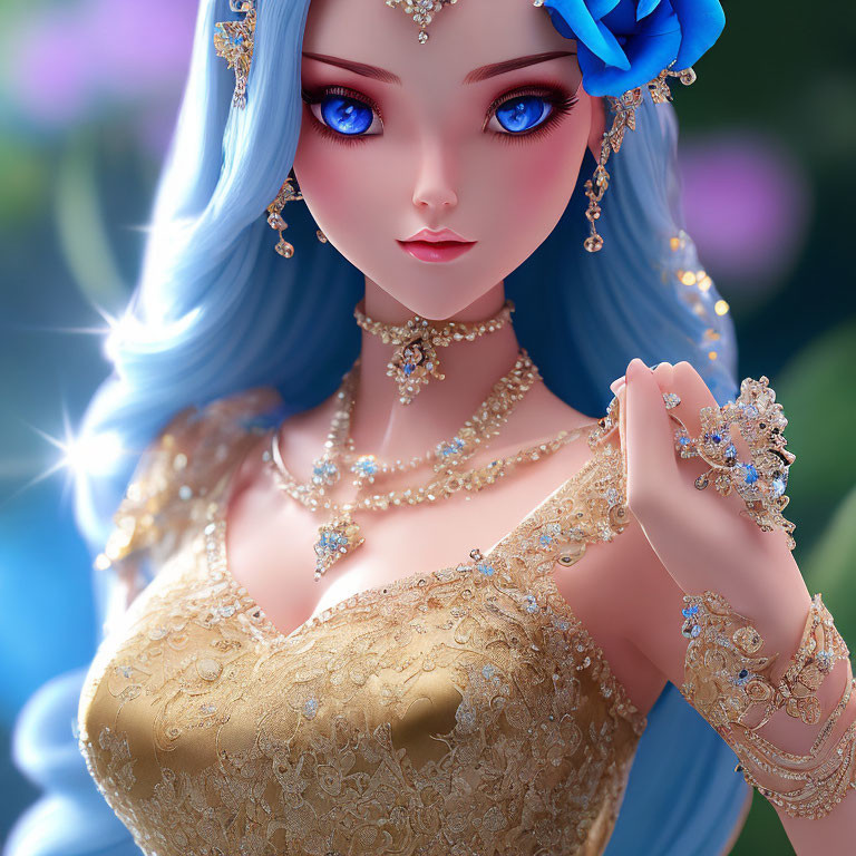 Digital artwork featuring woman with bright blue eyes and hair, adorned with flower, gold and blue jewelry,