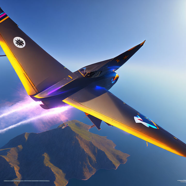 Colorful Jet with Star Emblem Soaring Over Mountains