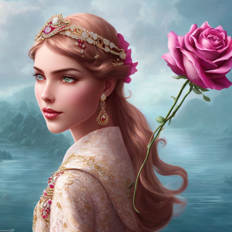 Detailed digital artwork of woman with rose and jewelry against misty waterscape.