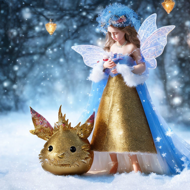 Digital illustration of girl with fairy wings in snowy scene with bird and golden creature