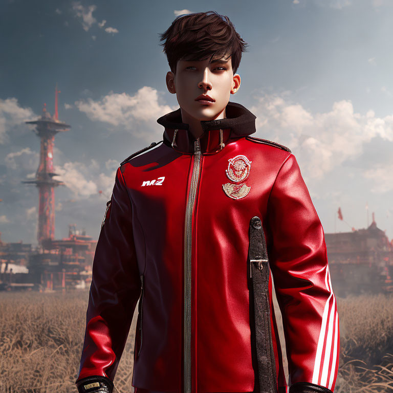 Male character in red jacket with lion emblem in 3D render against Asian architecture.