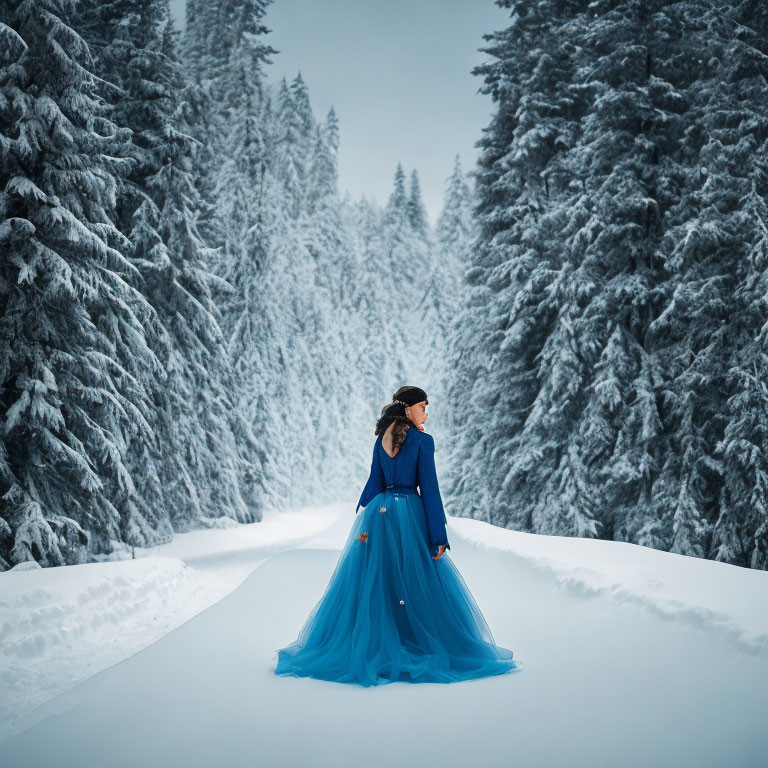 Woman in Blue Gown Standing in Snowy Forest