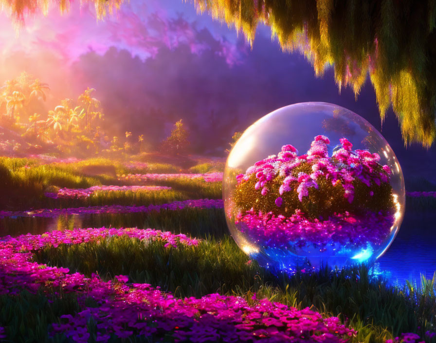 Fantasy landscape with glowing crystal ball and pink flowers in lush greenery at twilight