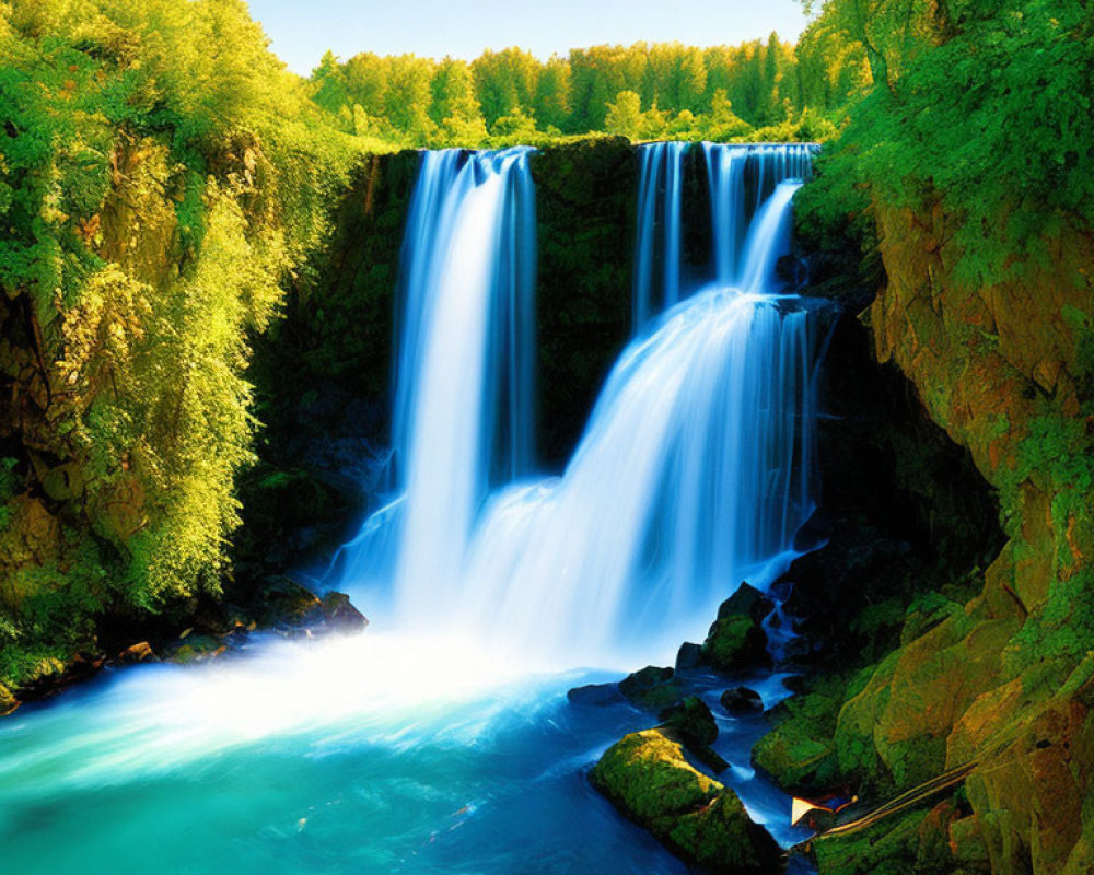 Scenic waterfall with vibrant blue water and lush green foliage