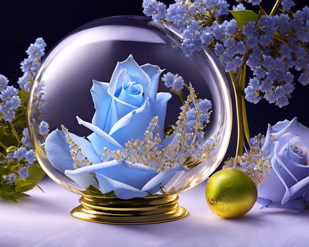 Translucent sphere with blue rose, white flowers, hydrangeas, and gold ornament on purple backdrop