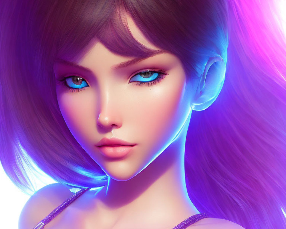 Digital artwork: Woman with blue eyes, fair skin, dark hair on pink and purple backdrop