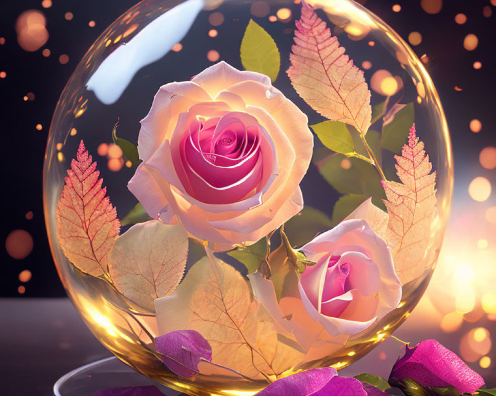 Glass sphere with vibrant roses and golden particles on shimmering backdrop