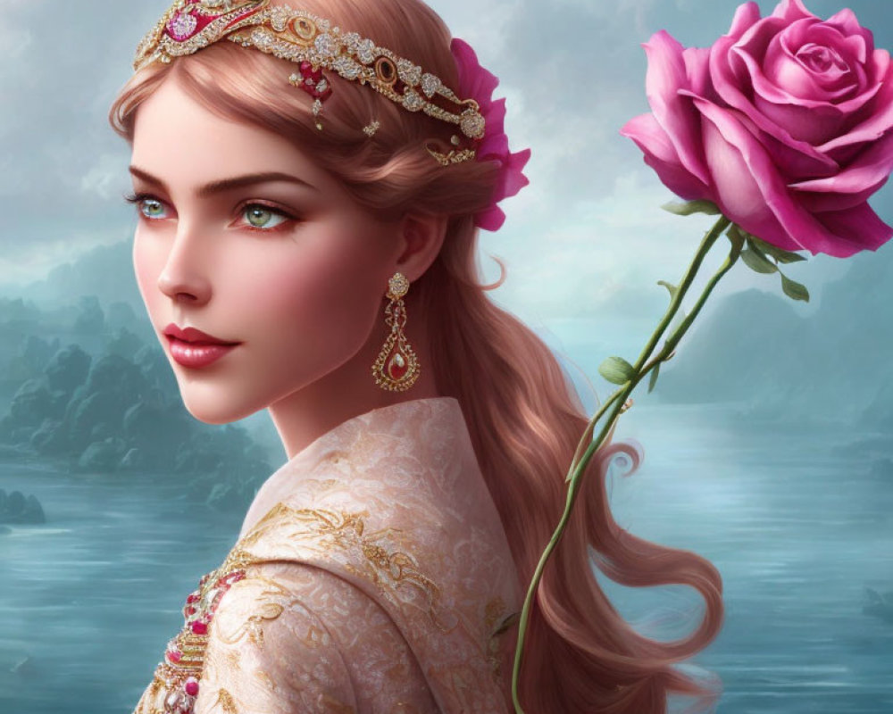 Detailed digital artwork of woman with rose and jewelry against misty waterscape.