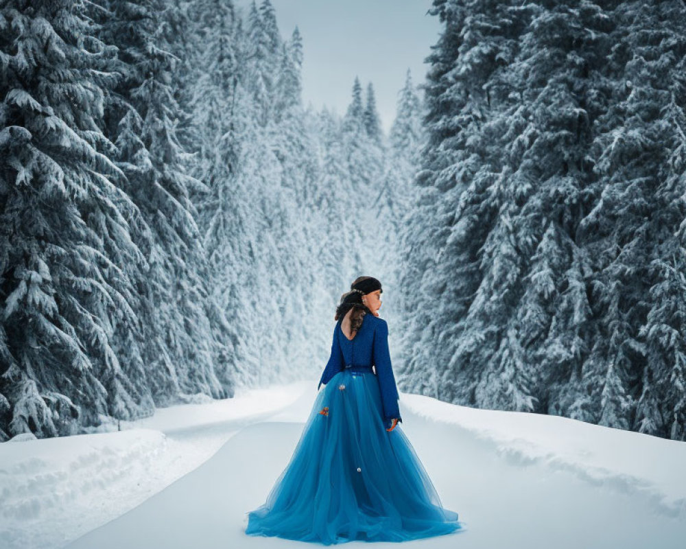 Woman in Blue Gown Standing in Snowy Forest