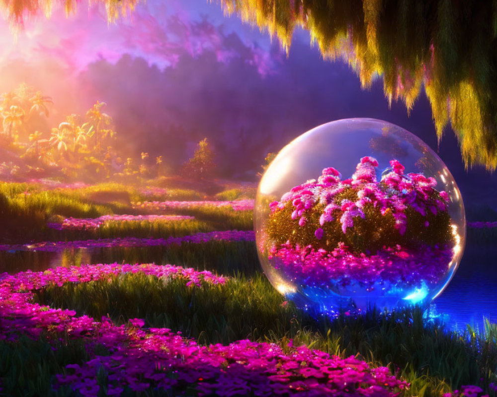 Fantasy landscape with glowing crystal ball and pink flowers in lush greenery at twilight