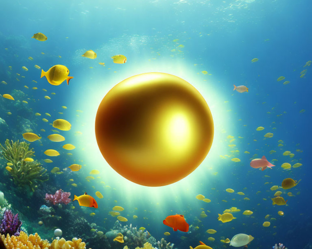 Golden sphere underwater with coral reefs and yellow fish in sunlight.