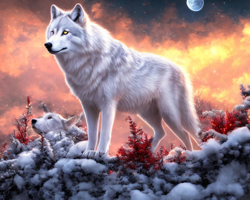 Pair of wolves in snowy forest under twilight sky with crescent moon