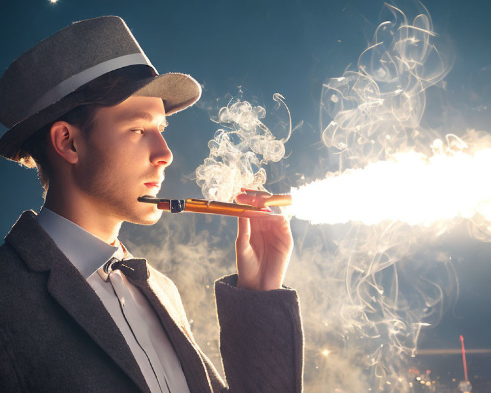 Man in Fedora and Suit Holding Exaggerated Smoking Cigar