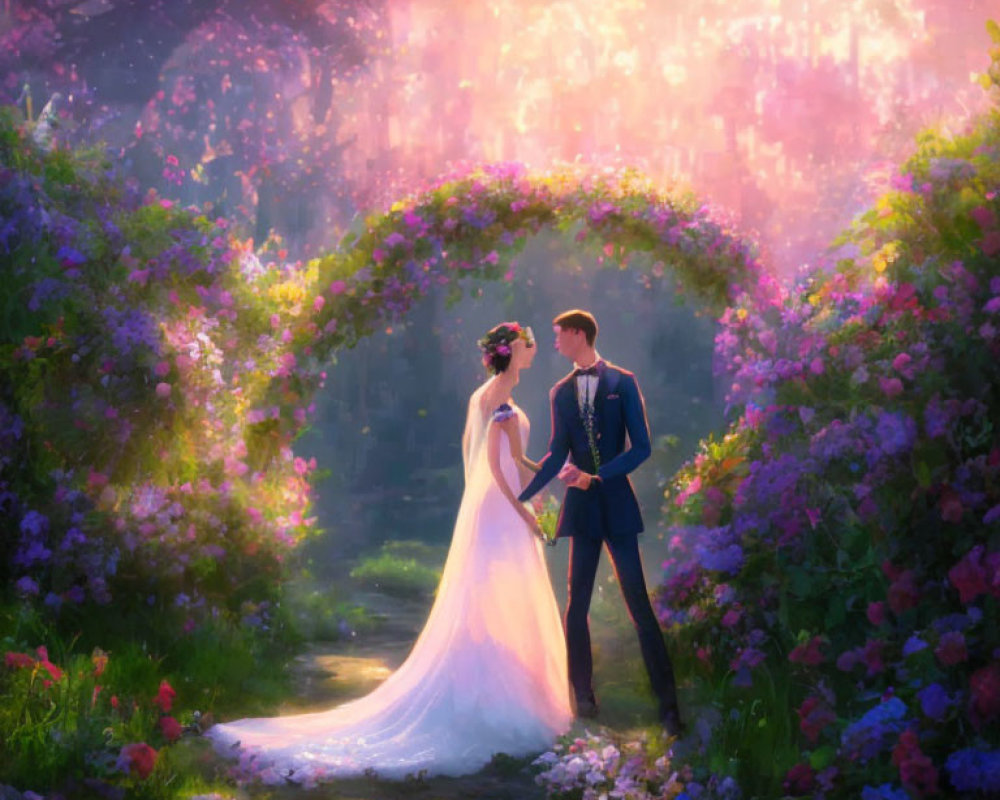 Wedding couple under flower arch in enchanting garden