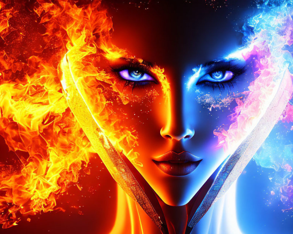 Digital artwork: Woman's face split in fiery flames and cool cosmic blues.