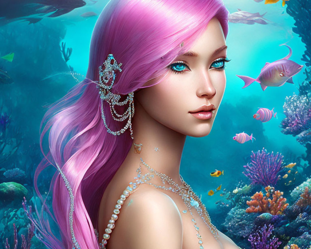 Fantastical image: Woman with pink hair, blue eyes, jewelry, surrounded by colorful fish and