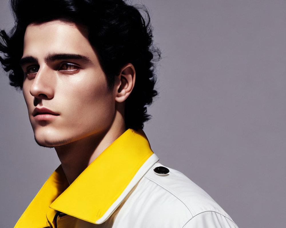 Dark-Haired Young Man in Stylish White and Yellow Jacket