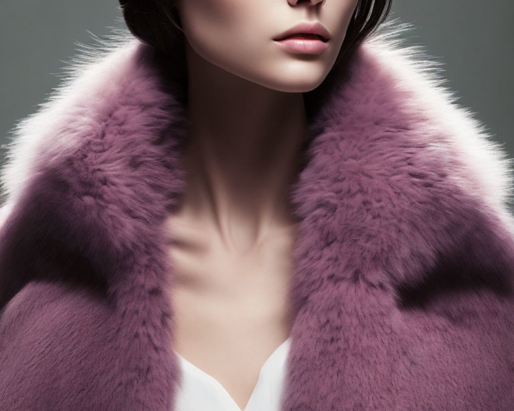 Dark-haired woman in white top and purple fur coat with voluminous collar, looking sideways with bold makeup