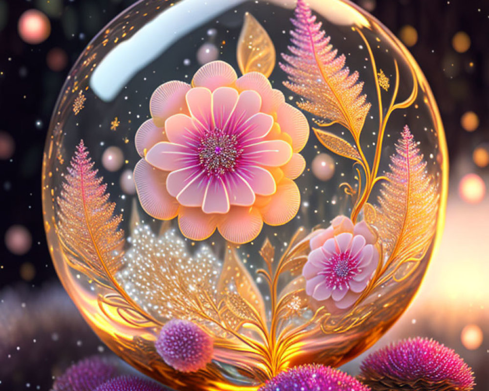 Luminescent glass orb with blooming flowers and foliage on dark bokeh backdrop