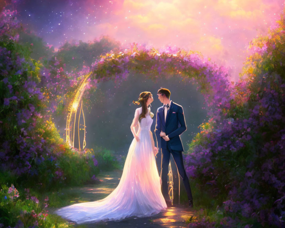 Romantic wedding couple holding hands under starry sunset sky